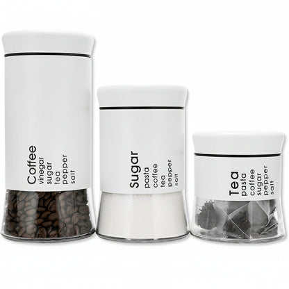 3-Pcs Stainless Steel With Glass Sugar Tea Coffee Canister Set Matte White-390/590/840ml