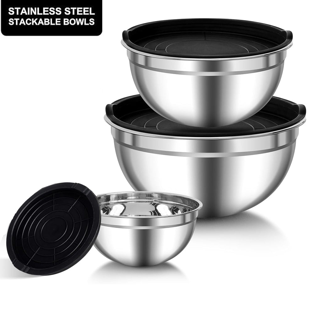 3-Pieces Stainless Steel Salad Bowl with Lid 18/22/26 cm Set