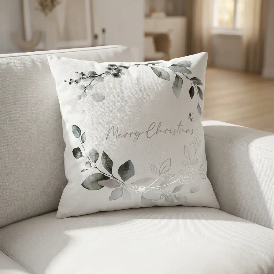 White Merry Christmas Decorative Cushion with Botanical Design