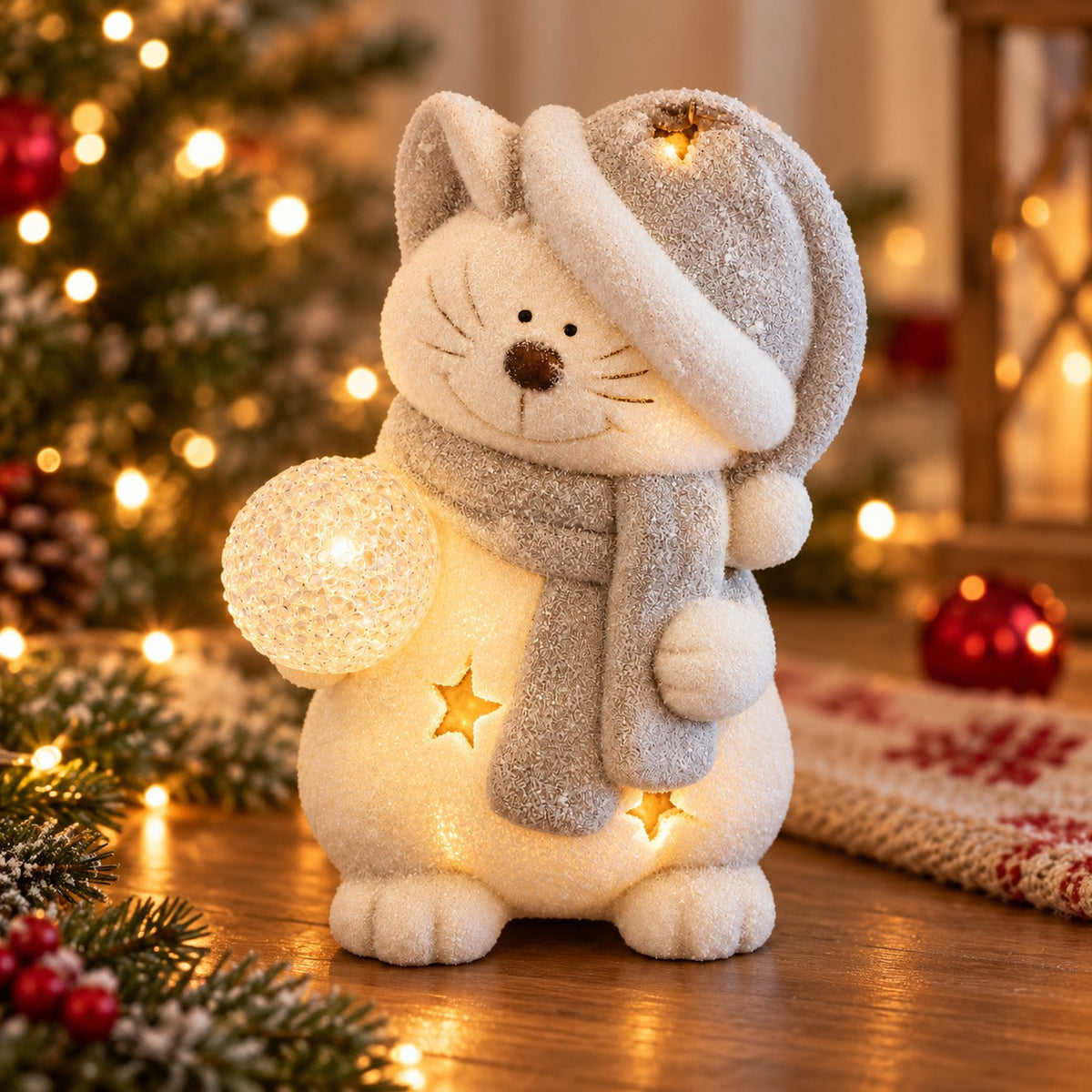 Noël Indoor LED Cat Christmas Decoration – Colour-Changing Light – 24 cm