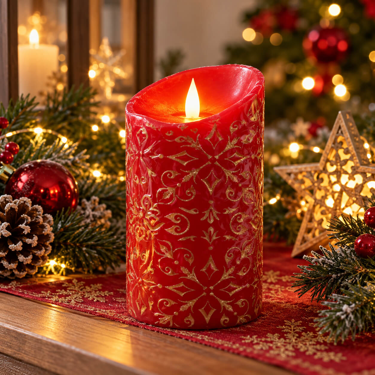 Noël Traditional Red & Gold LED Christmas Candle with Flicker Effect