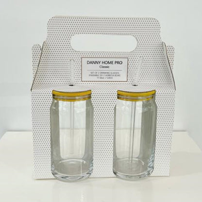 Danny Home 2-Pcs Glass Cups with Bamboo Lids and Glass Straw Set 500ml