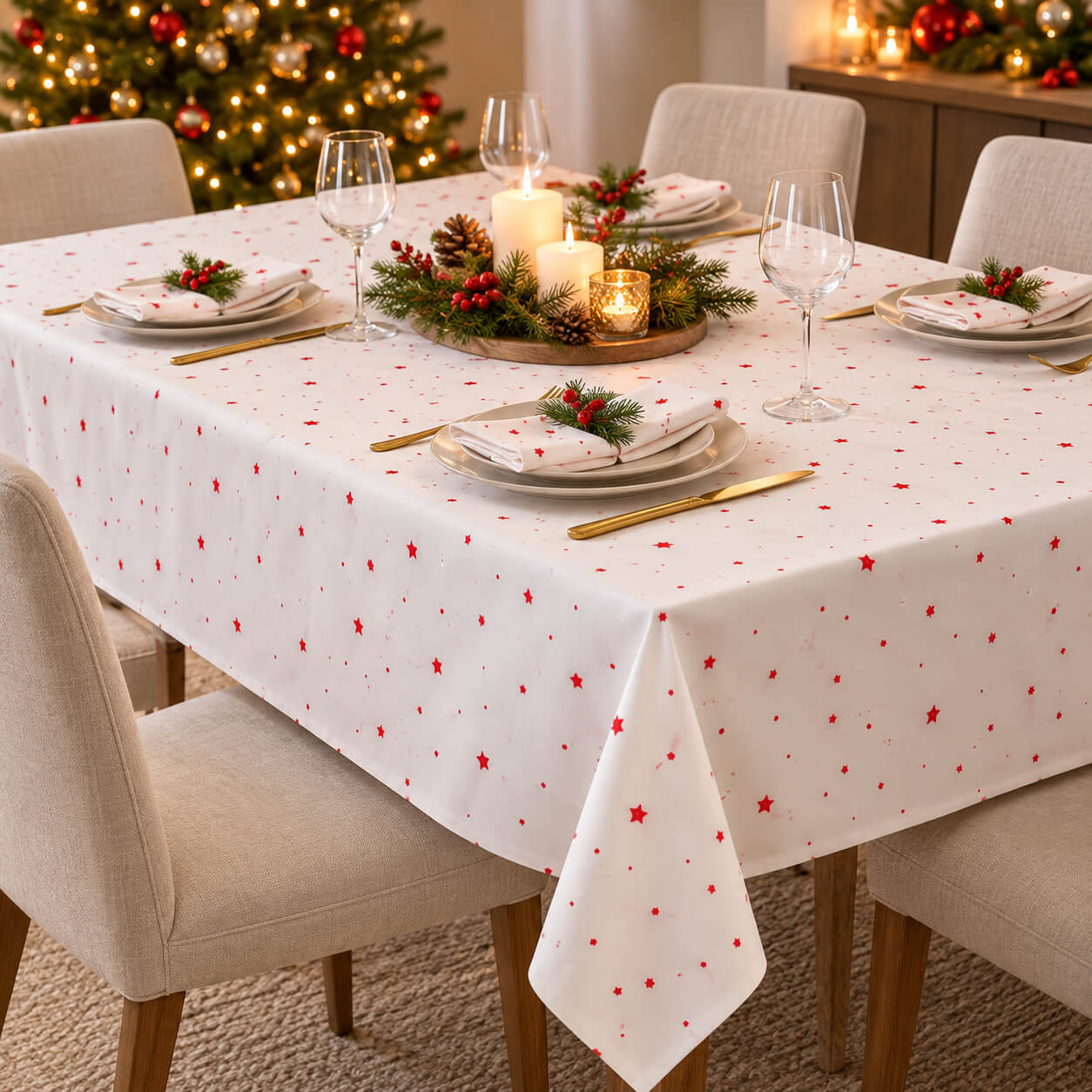 Cucina & Tavola Christmas Tablecloth White with Red Stars – 140 × 220 cm