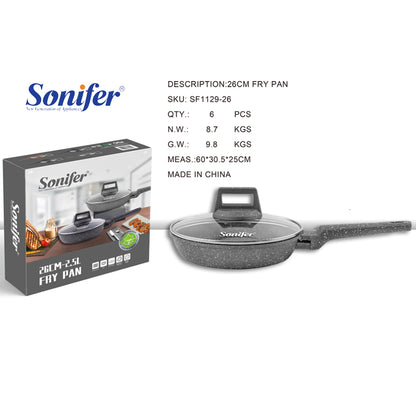 Sonifer 20/22/24/26/28/30/32cm  Wear-Resistant Non-Stick Granite Fry Pan With Glass Lid SF-1129 Grey