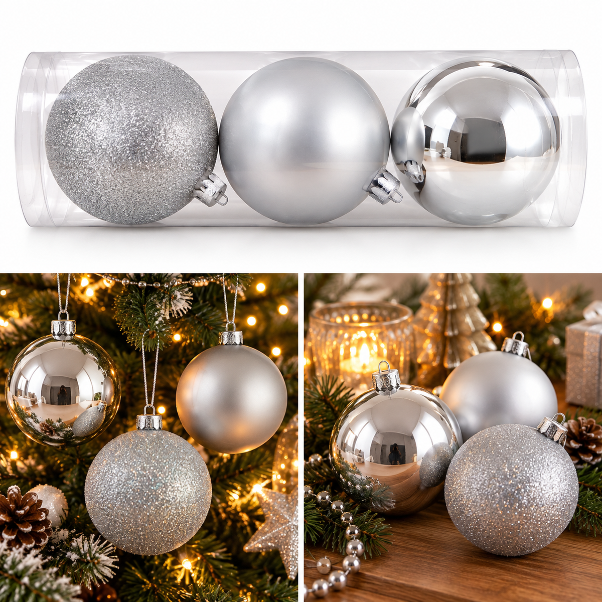 Noël Silver Oversized Christmas Baubles – Set of 3