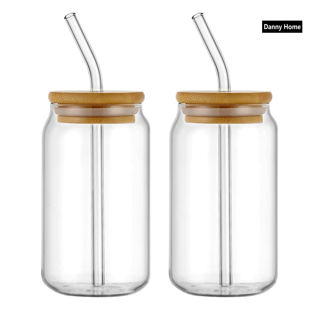 Danny Home 2-Pcs Glass Cups with Bamboo Lids and Glass Straw Set 500ml