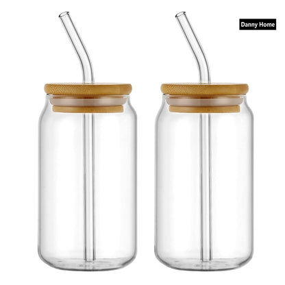 Danny Home 2-Pcs Glass Cups with Bamboo Lids and Glass Straw Set 500ml