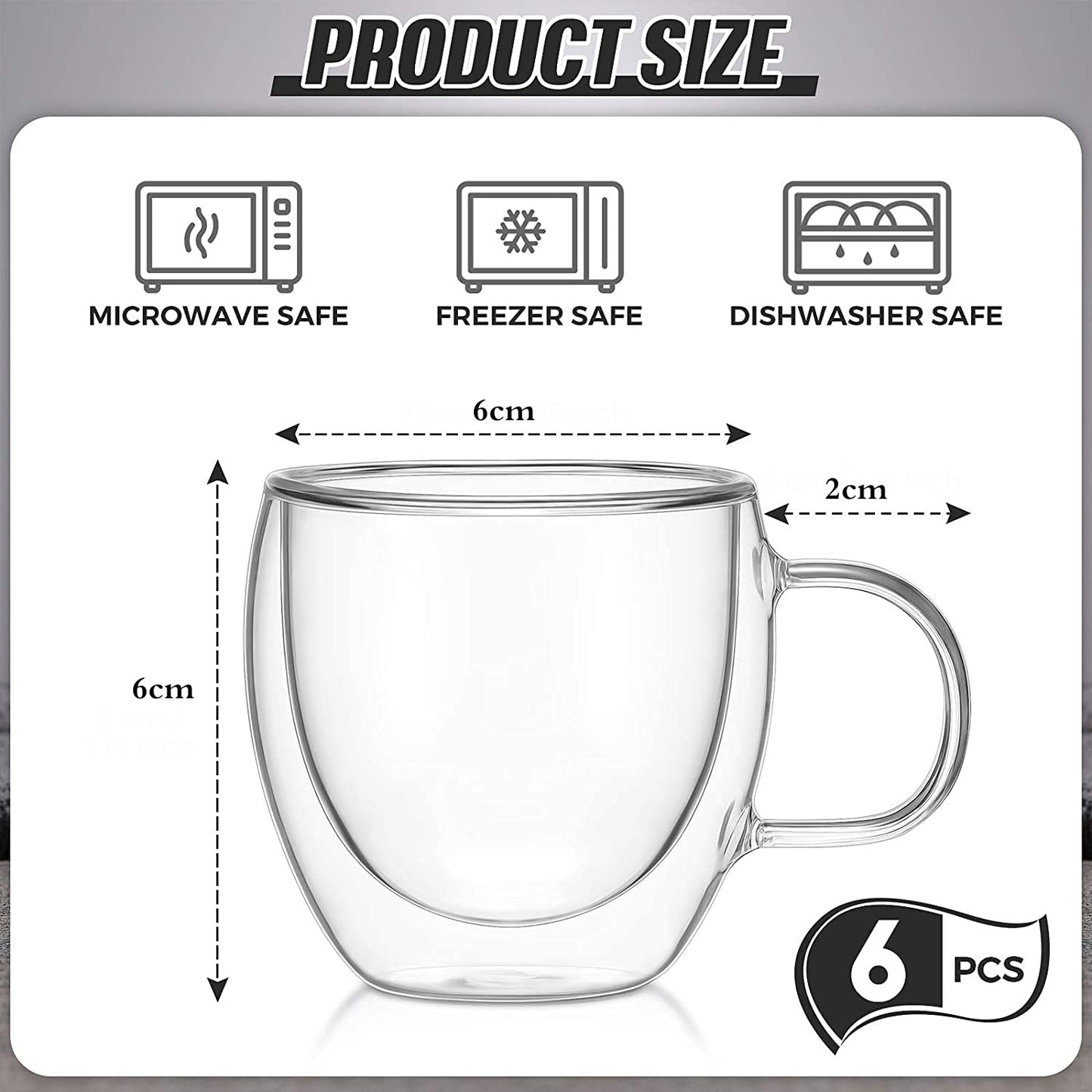 6-Pcs Double Wall Borosilicate Glass Espresso Cup Set with Handle 80ml