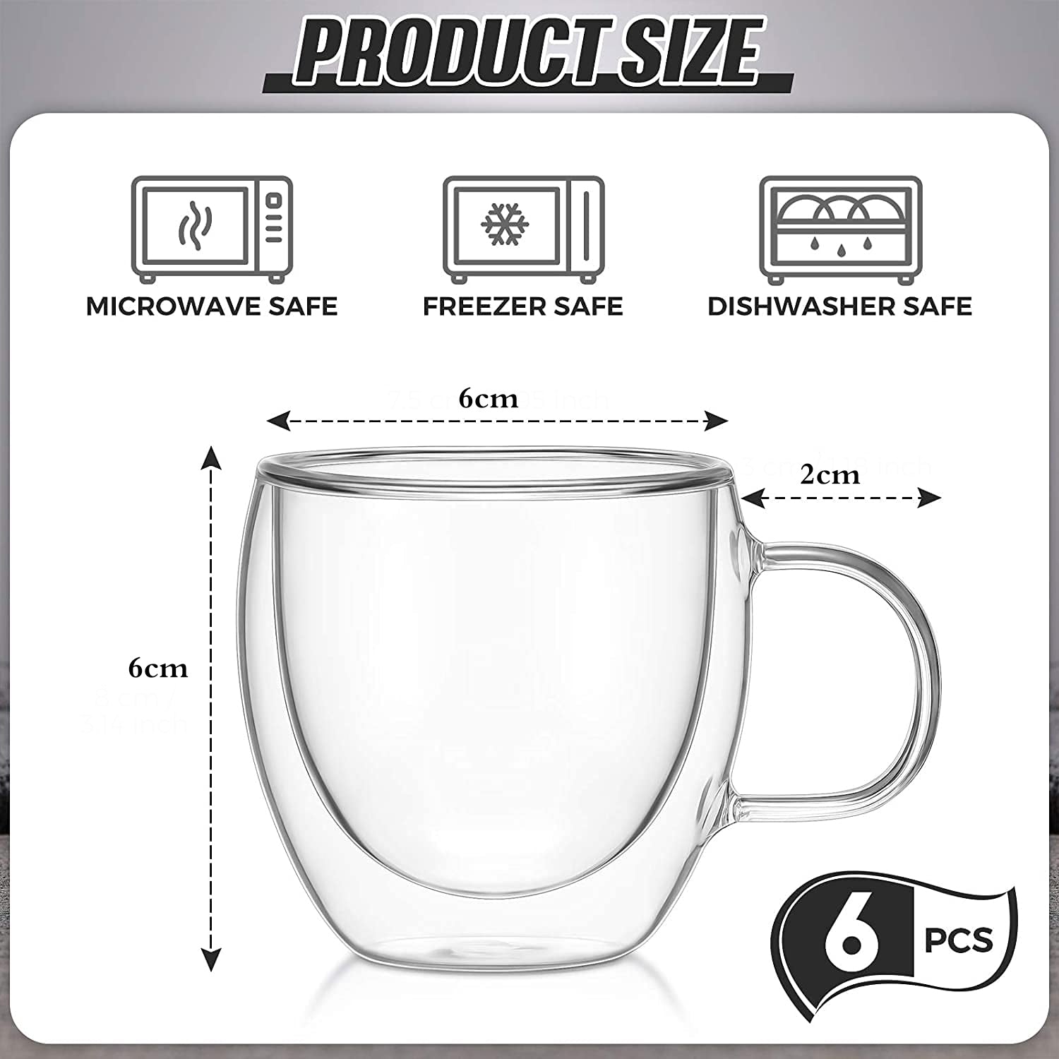 6-Pcs Double Wall Borosilicate Glass Espresso Cup Set with Handle 80ml