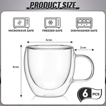 6-Pcs Double Wall Borosilicate Glass Espresso Cup Set with Handle 80ml