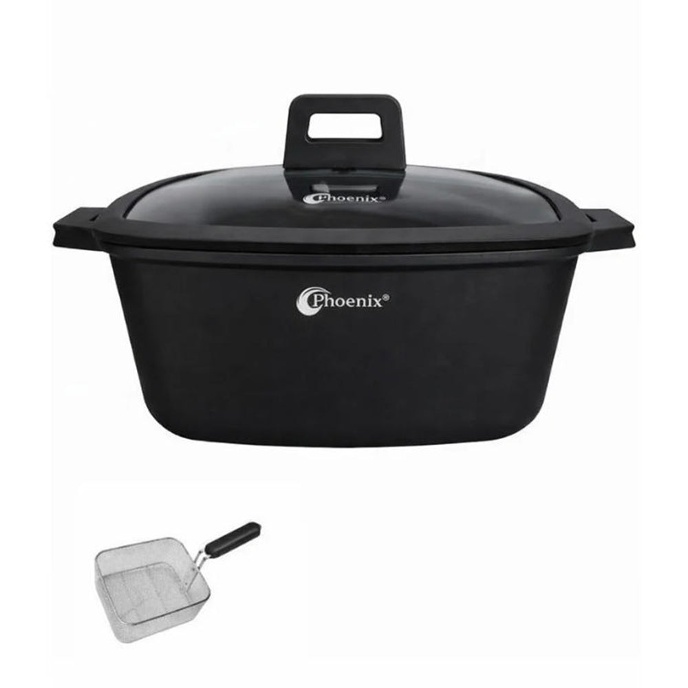 Phoenix 28cm Cast Aluminum Casserole with Glass Lid & Frying Basket – Black