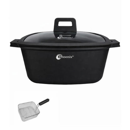 Phoenix 28cm Cast Aluminum Casserole with Glass Lid & Frying Basket – Black