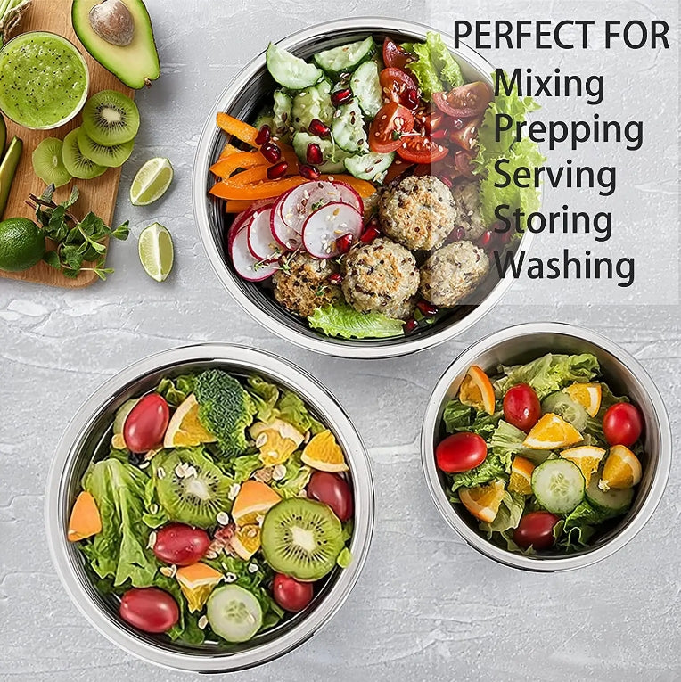 3-Pieces Stainless Steel Salad Bowl with Lid 18/22/26 cm Set