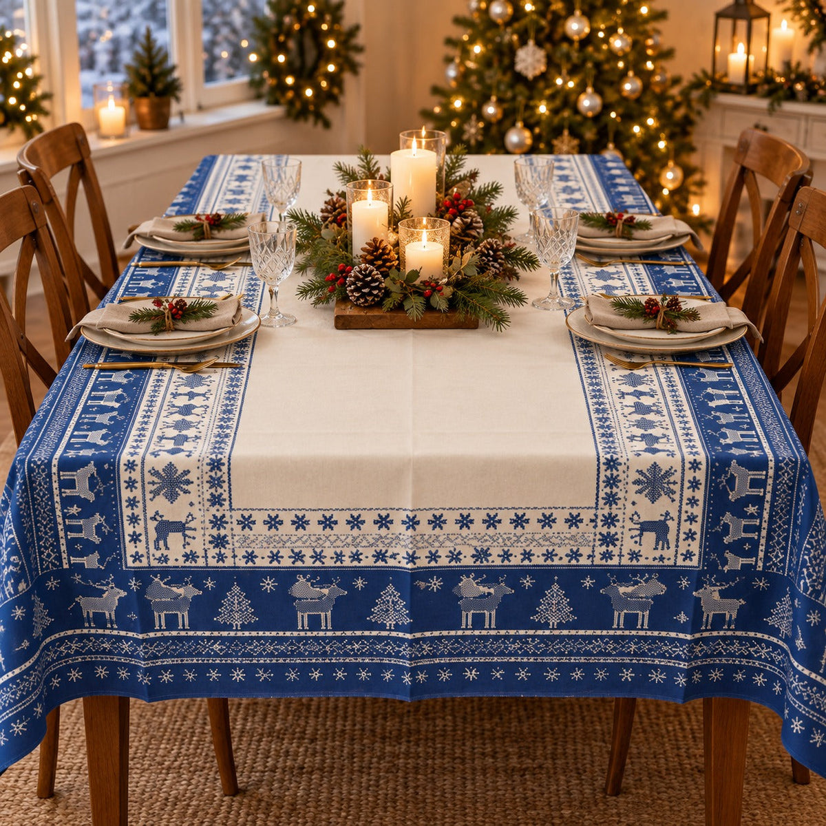 Noël  Cucina & Tavola Nordic Christmas Tablecloth – 138 × 220 cm – Blue or Red
