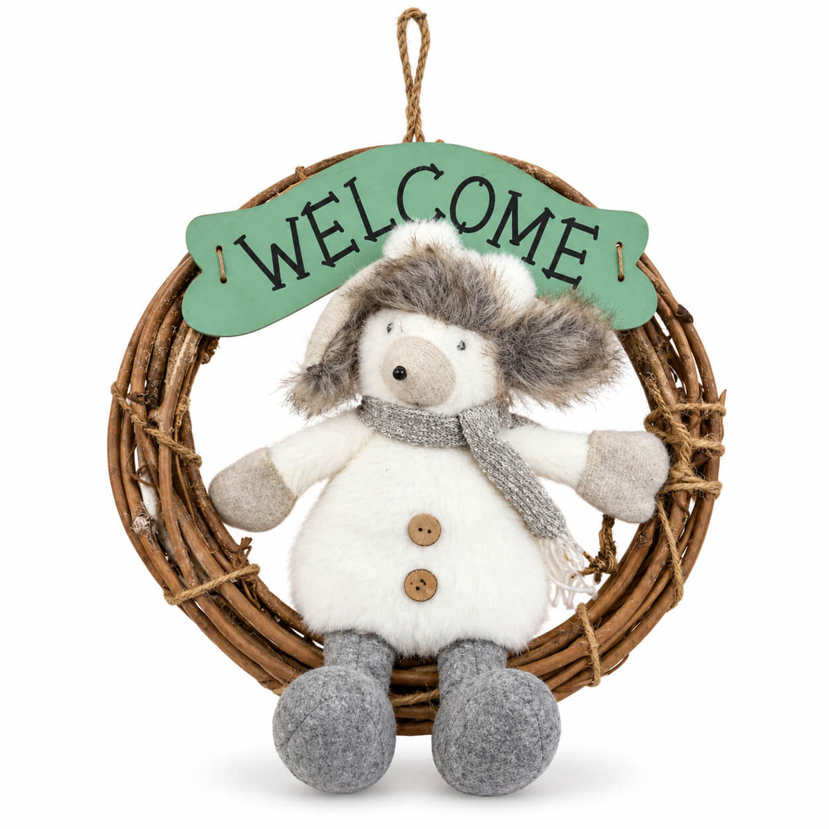 Christmas Winter Welcome Wreath with Plush Figure