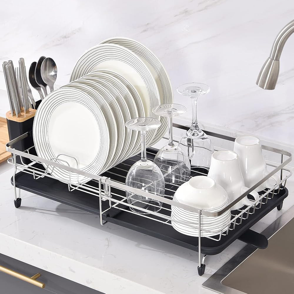 Expandable Dish Rack Stainless Steel with Cutlery Holder
