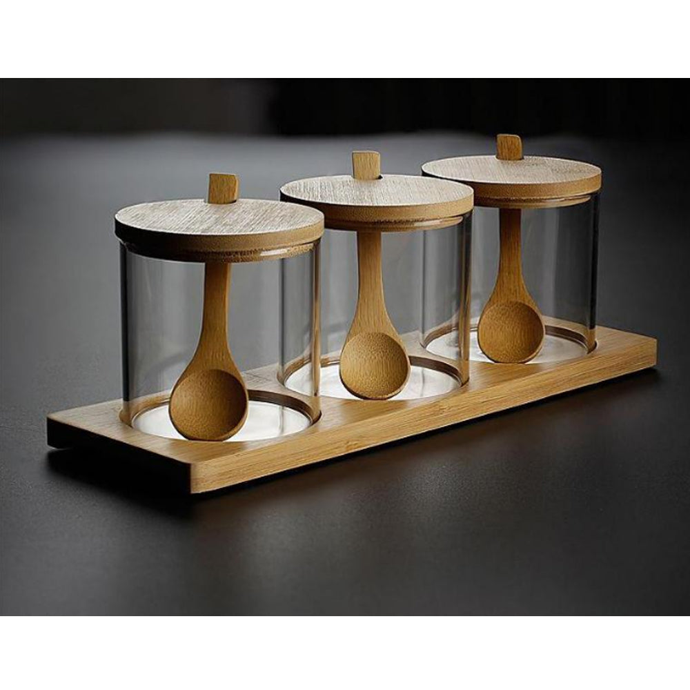 3-Pieces Set Storage Jar With Wood Lid & Tray