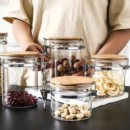 Glass Storage Jar With Clip Seal Wooden Lid