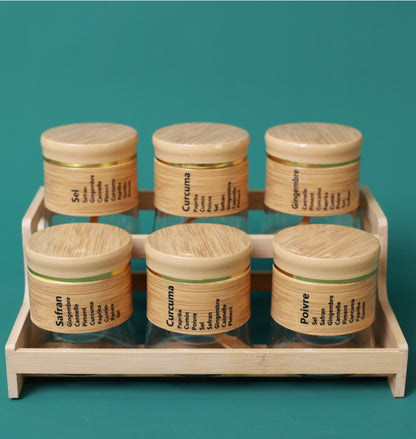 Bamboo Spice Rack Set with 6 Glass Jars Plastic Lid – 400 #CB-TWJ36