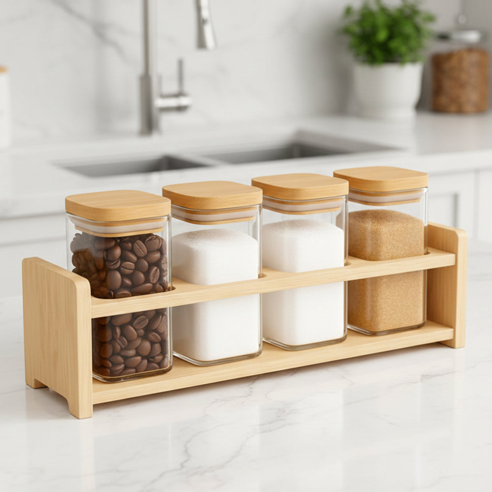 4-Glass Seasoning Jar with Bamboo Stand Holder Set HF-04 (L31 x W7.5 x H8.5)cm