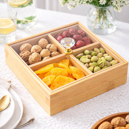 Bamboo Nuts Tray with Protective Lid – 4 Compartments