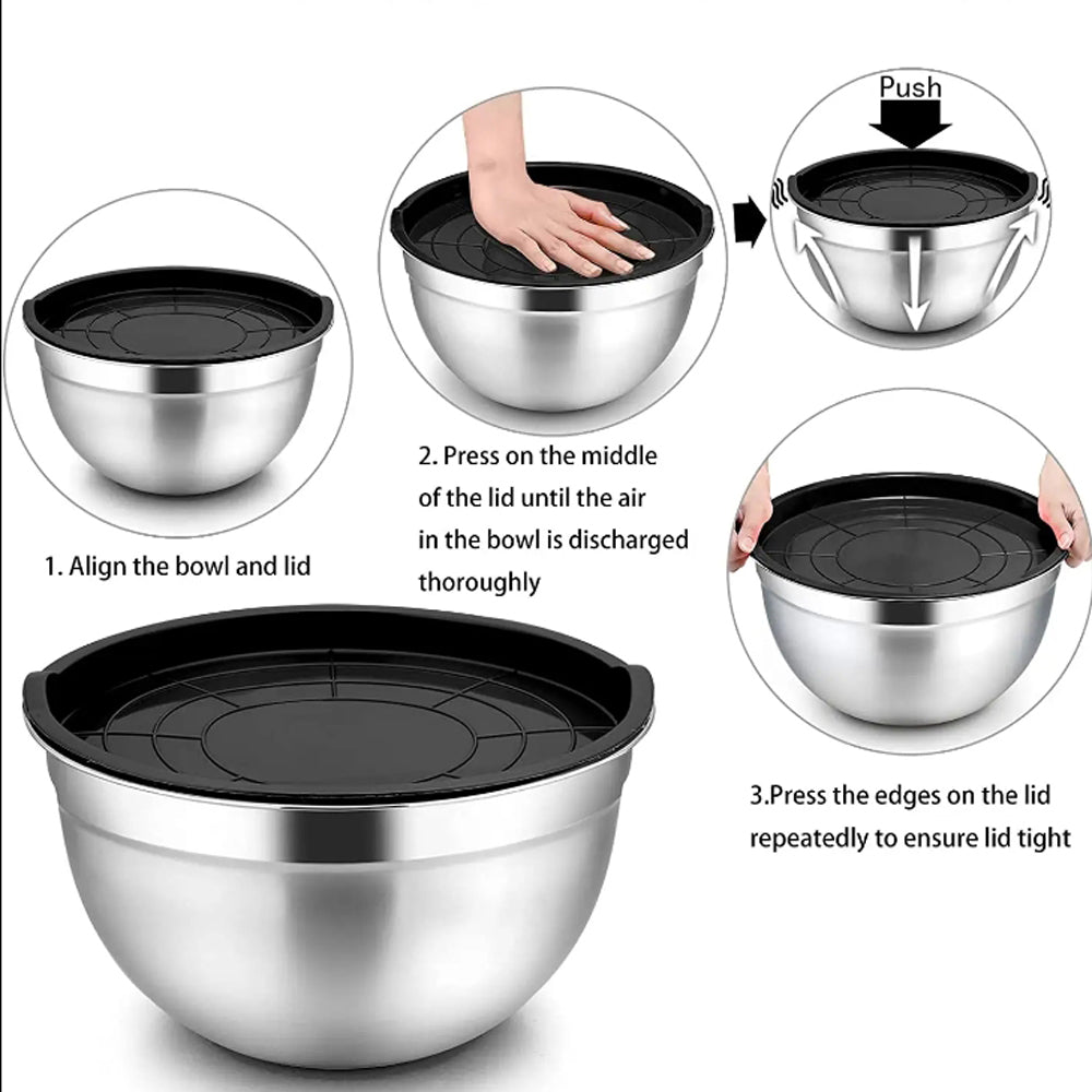 3-Pieces Stainless Steel Salad Bowl with Lid 18/22/26 cm Set