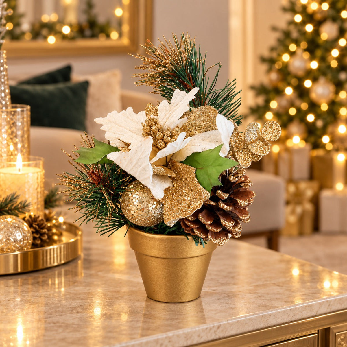 Migros Winter Christmas Poinsettia & Pinecone Arrangement – Gold or Silver, 23 cm