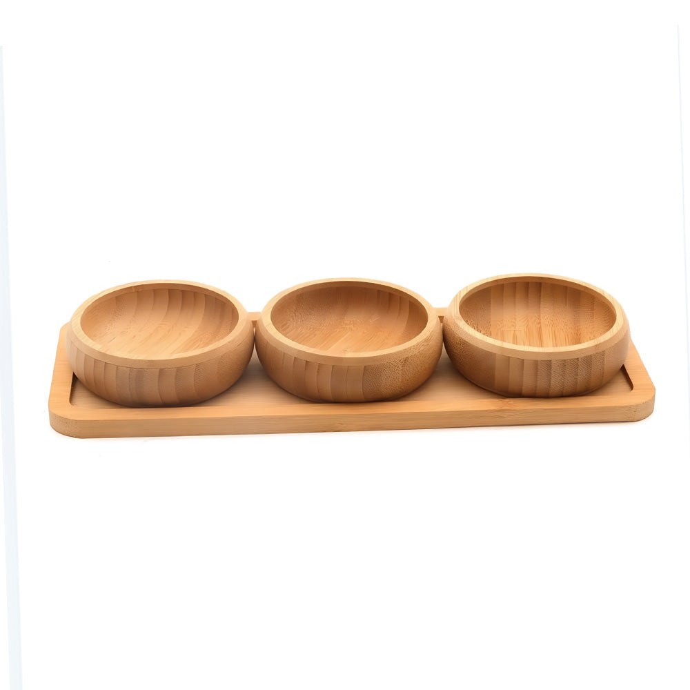 Bamboo 3 bowls and 1 serving tray Round