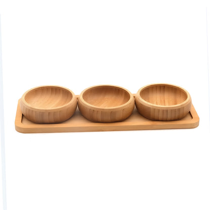 Bamboo 3 bowls and 1 serving tray Round