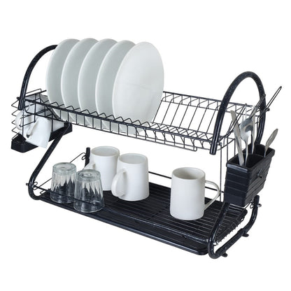 2-Tier Dish Drainer Rack with Cup Stand & Utensil Holder 55cm – ( Black Granite color )