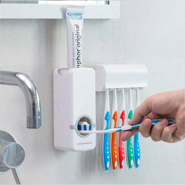 Toothpaste dispenser and toothbrush holder set