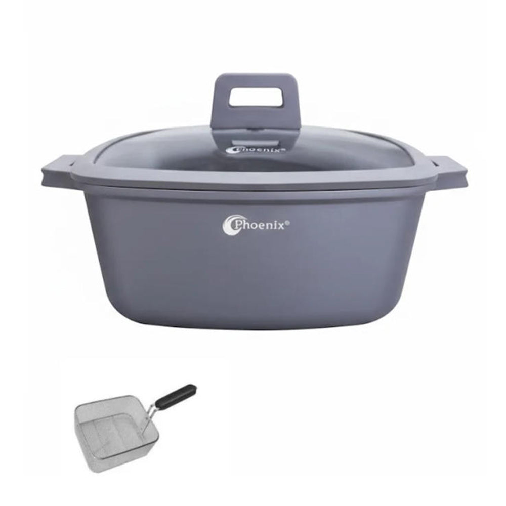 Phoenix 28cm Cast Aluminum Casserole with Glass Lid & Frying Basket – Grey