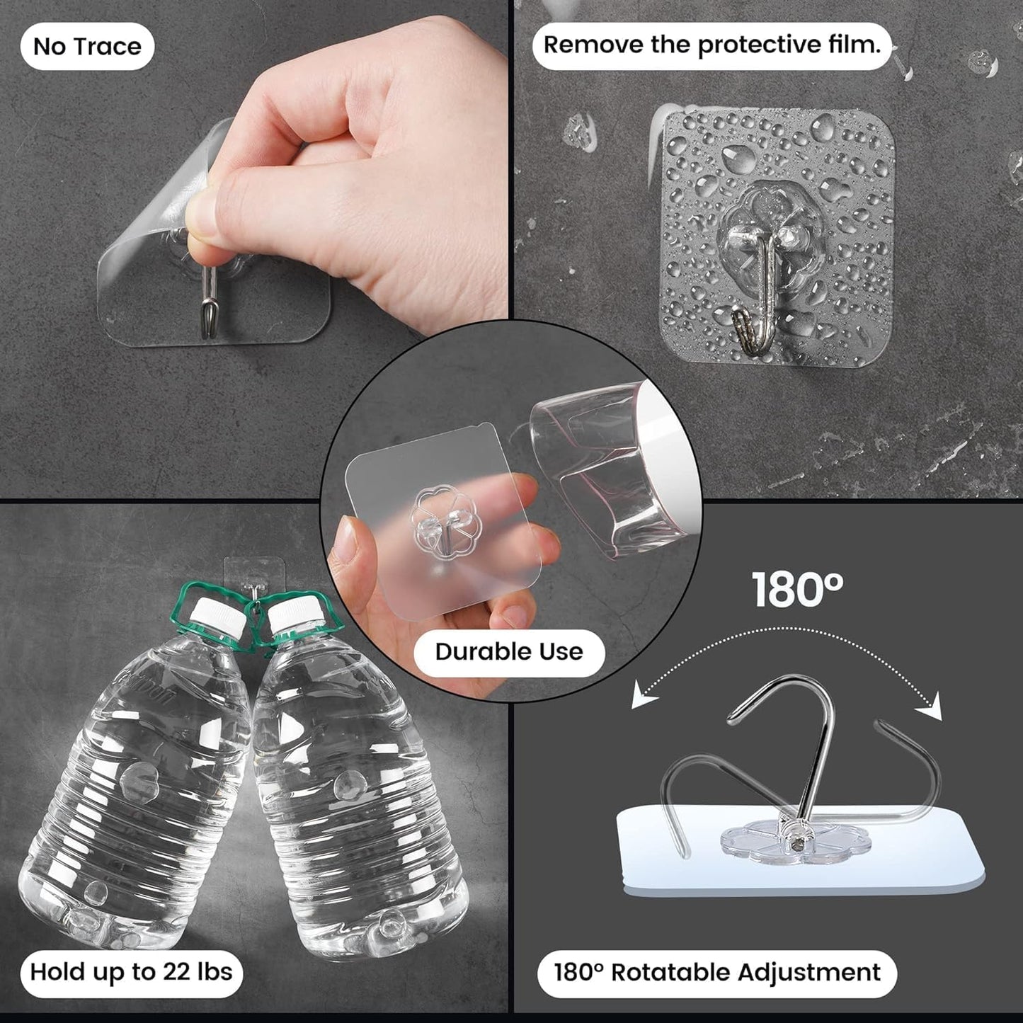 6-Pcs Heavy Duty Waterproof Transparent Adhesive Stainless-Steel Hooks 5.5cm (Load Up to 2-3 Kg)