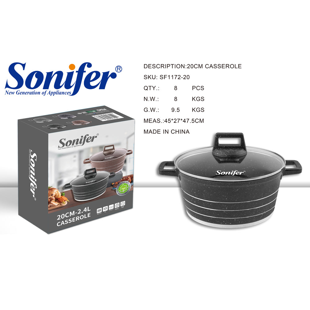 Sonifer 20/22/24/26/28/30/32/36cm Wear-Resistant Non-Stick Granite Casserole with Glass Lid SF-1172-Black