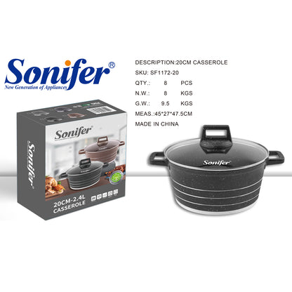 Sonifer 20/22/24/26/28/30/32/36cm Wear-Resistant Non-Stick Granite Casserole with Glass Lid SF-1172-Black