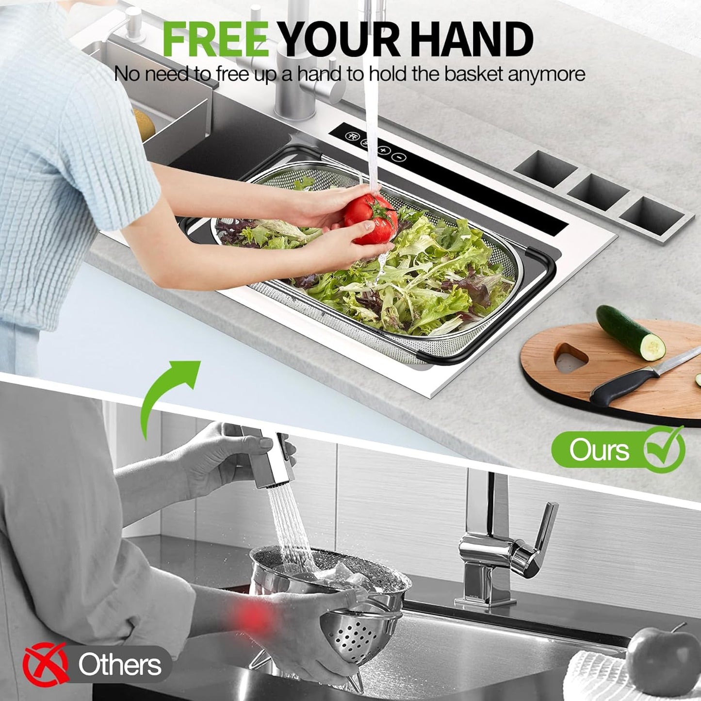 Over the Sink Stainless Steel Colander with Expandable Anti-slip Rubber Grip Handles