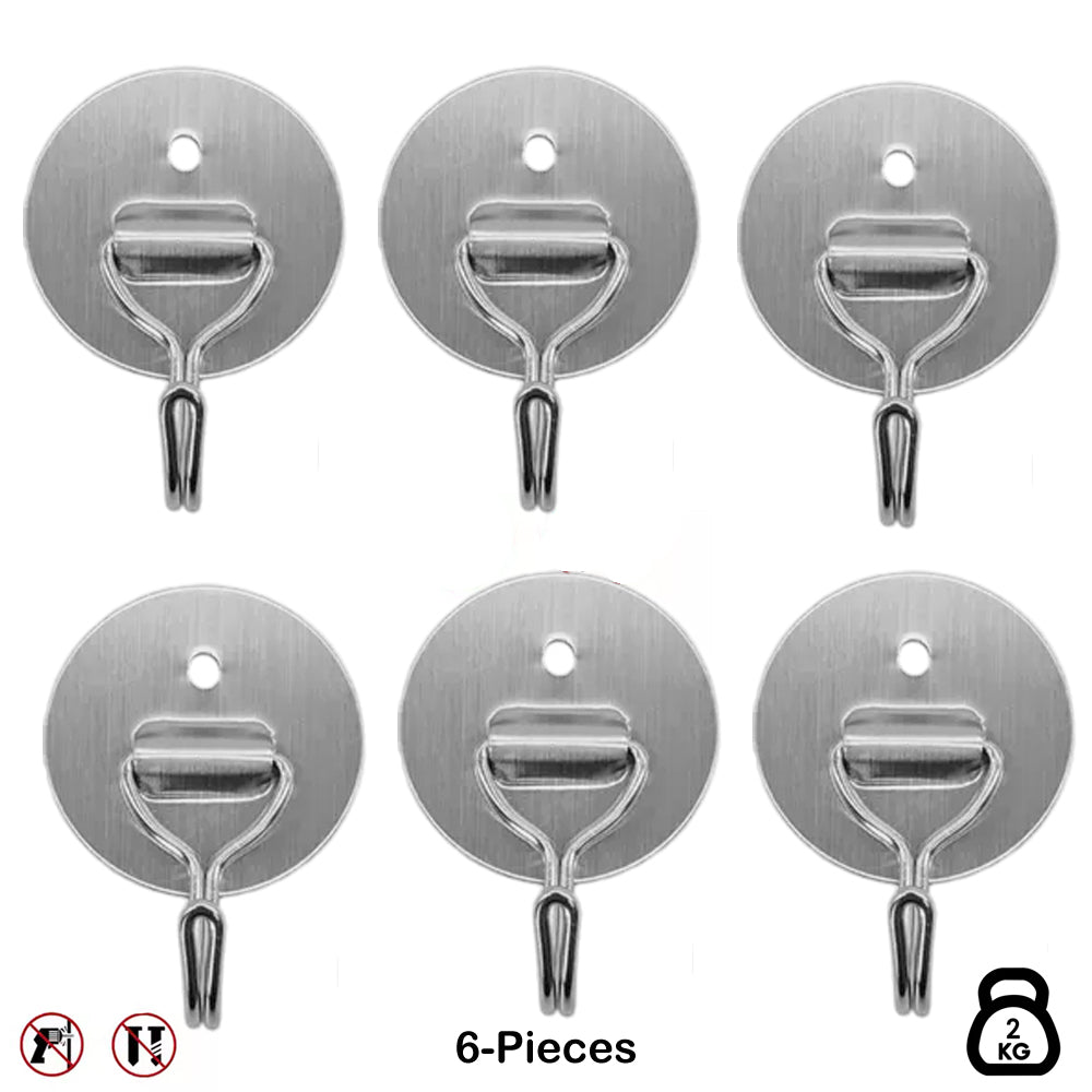6-Pieces No Drill Round Heavy Duty Stainless Steel Self Adhesive Hooks 1010-1