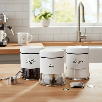 3-Pcs Stainless Steel With Glass Sugar Tea Coffee Canister Set Matte White-400ml