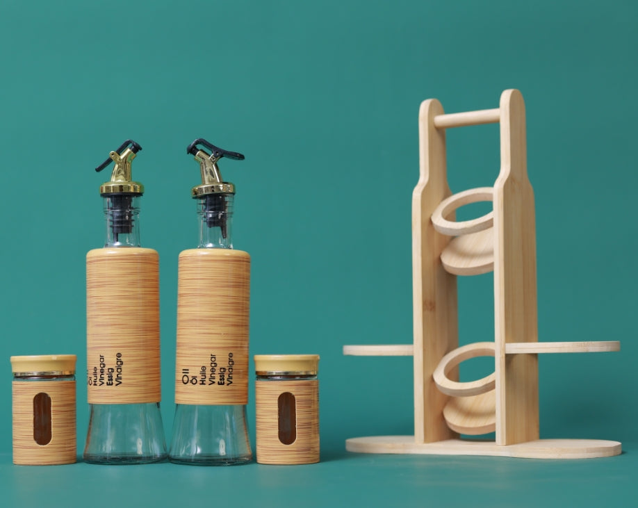 Bamboo 4-Pcs Spice Rack Set Glass Oil Bottle & Glass Pepper and Salt jars Plastic Lid  #CB-TWJ41
