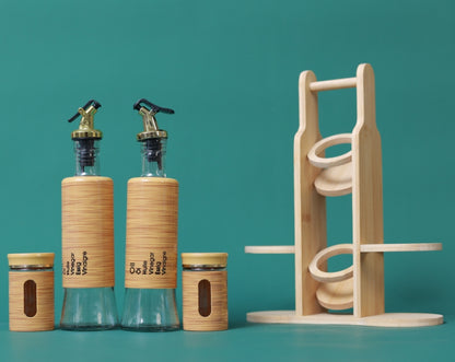 Bamboo 4-Pcs Spice Rack Set Glass Oil Bottle & Glass Pepper and Salt jars Plastic Lid  #CB-TWJ41