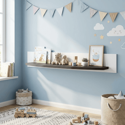 Curved Floating Wall Shelf with White Back Panel and Gray Display Ledge