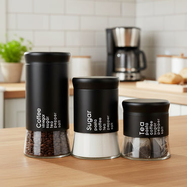 3-Pcs Stainless Steel With Glass Sugar Tea Coffee Canister Set Matte Black-390/590/840ml