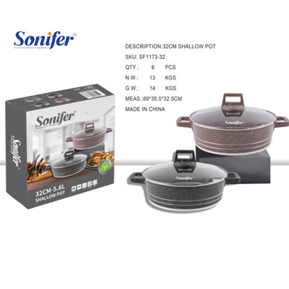 Sonifer 28/32/36/40cm Wear-Resistant Non-Stick Granite Shallow Pot with Glass Lid SF-1173 Black
