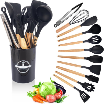 12-Pcs Silicone Cooking Utensils with Wooden Handle Set