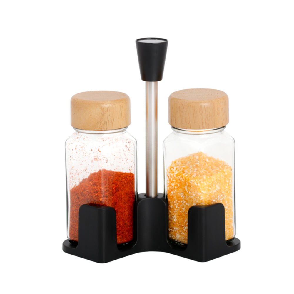 2-Pieces Glass Salt & Pepper Jar Bamboo Lid With stand 110ml