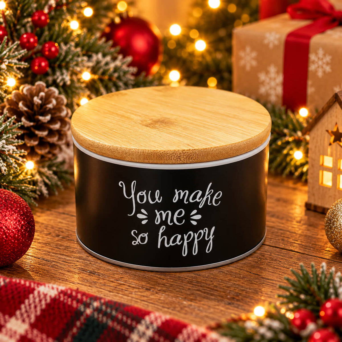 Cucina & Tavola Round Christmas Storage Tin with Bamboo Lid