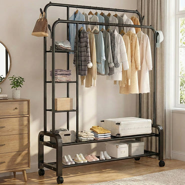 2-in-1 Modern Wheeled Garment Rack with 3-Tier Storage Shelf Hold 68KG (H110 x D57 x W150)cm