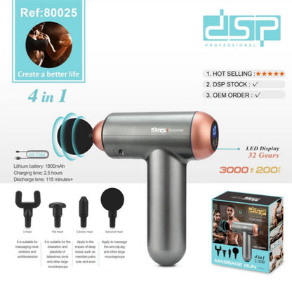 Dsp 3200RPM Rechargeable Electric Massager Gun Deep Tissue With 32 Speed Gear & 4 Attachment 80025