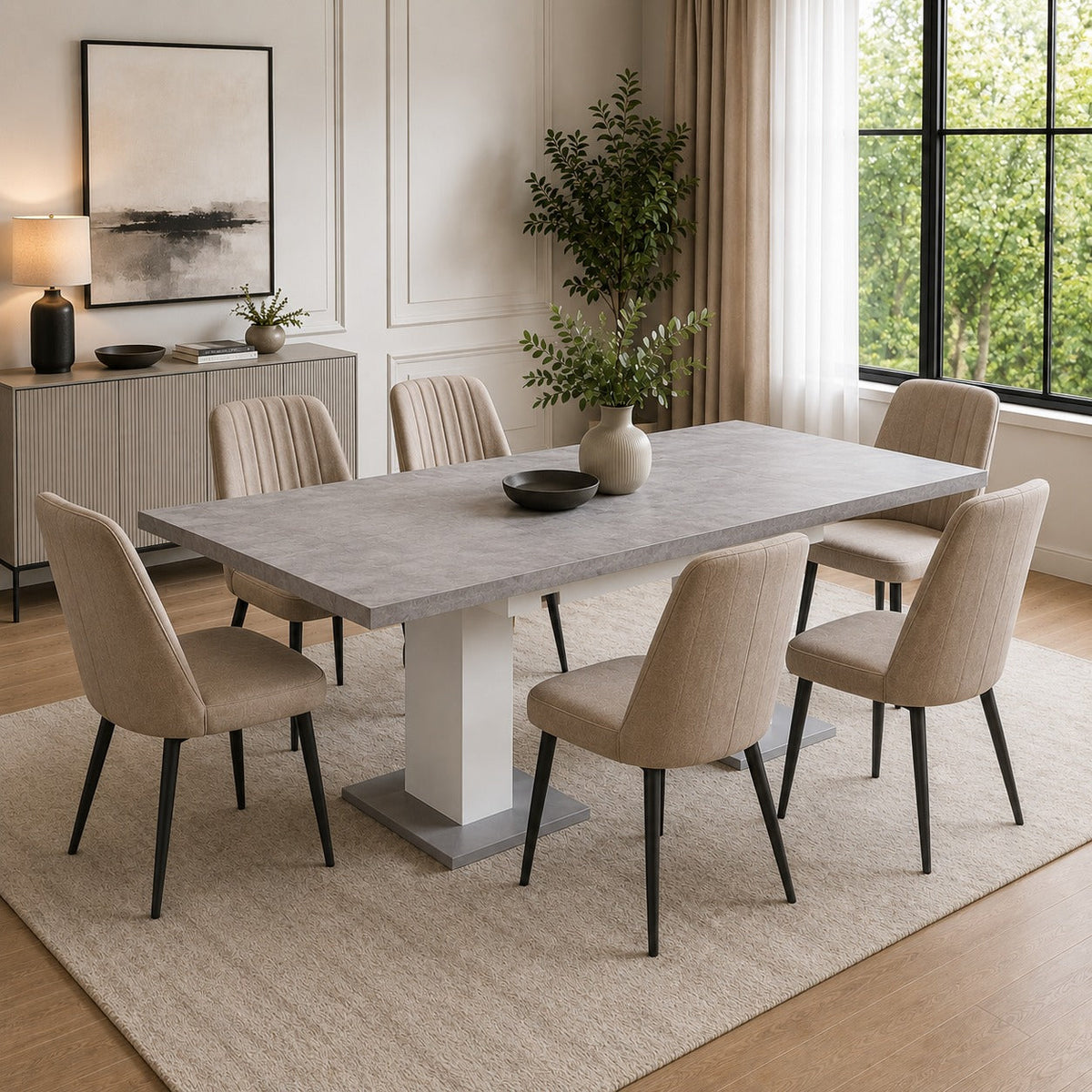 Hamburg Concrete-Look White Dining Table with Metal Base