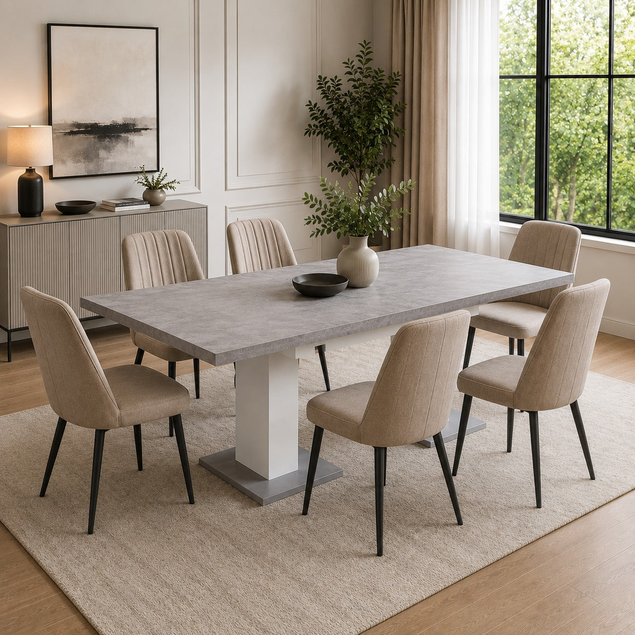 Hamburg Concrete-Look White Dining Table with Metal Base